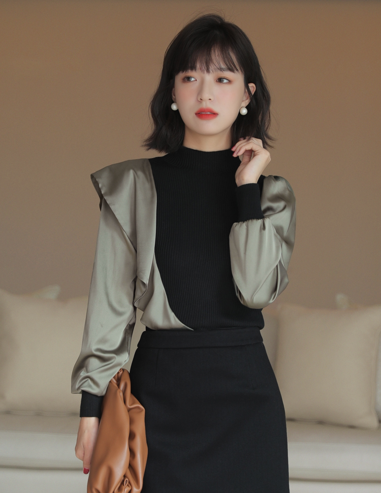 Japanese design sense splicing extravagant satin wool crater strips needle weaters young expats don't pick up people long sleeve blouses