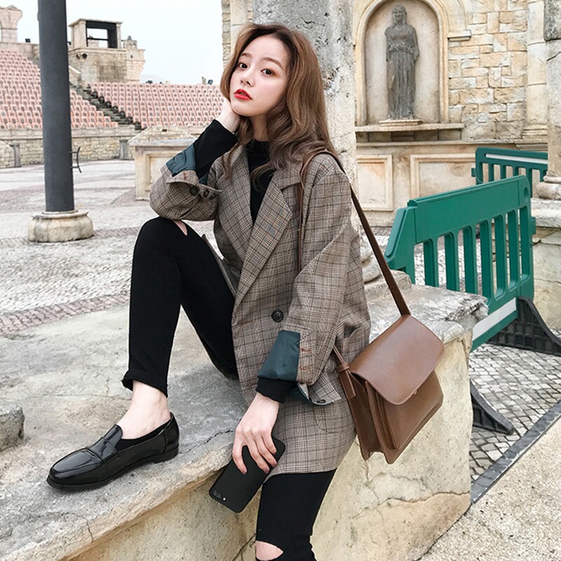 maje kara blazer women's 2021 spring and autumn Korean version of the new net red retro loose temperament plaid suit