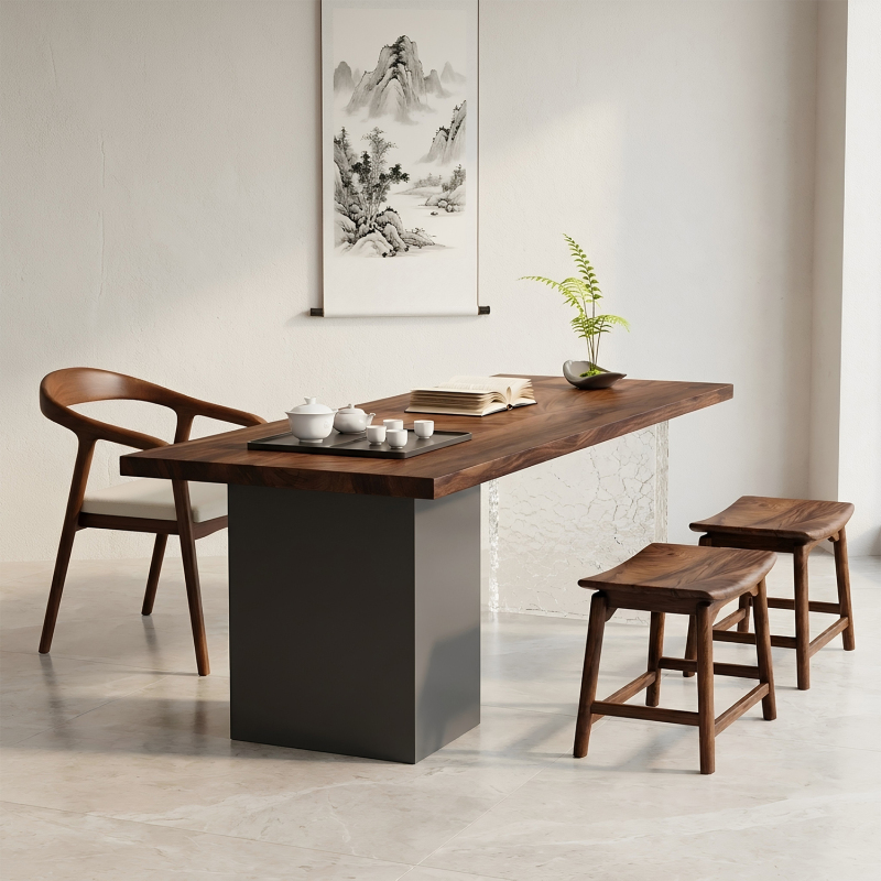 New Chinese-Style Walnut Tea Table for Home Use in the Living Room, with Water Ripple Acrylic Legs, Light Luxury Large Board Tea Table and Chair Set New Chinese-Style Walnut Tea Table for Home Use in the Living Room, with Water Ripple Acrylic Legs, Light Luxury Large Board Tea Table and Chair Set