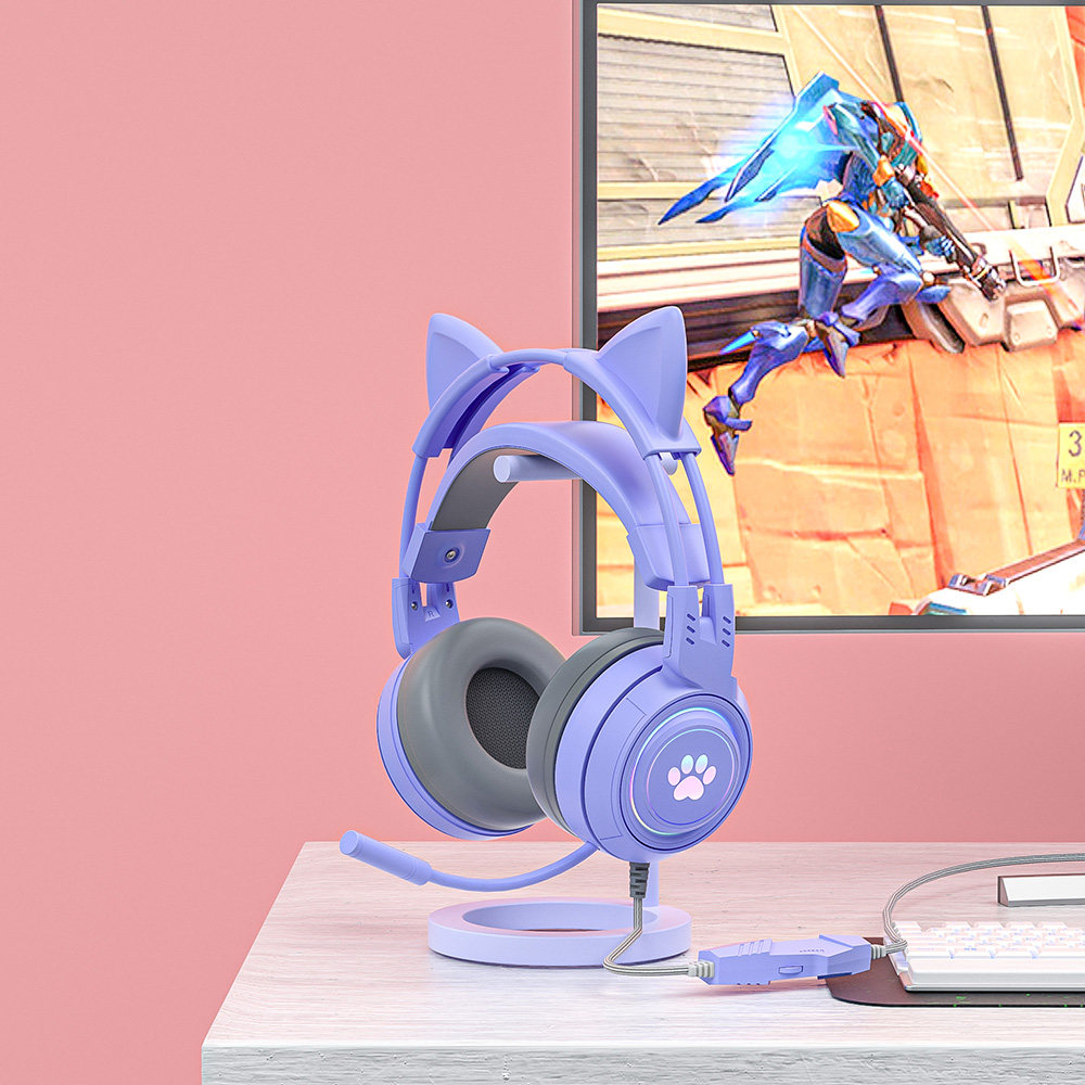 Purple cute glowing cat ears can remove headset cable headset mobile phone computer