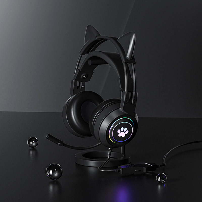 Cute girls detachable cat ears e-sports bass mobile phone computer light-emitting head-mounted game headset with wheat