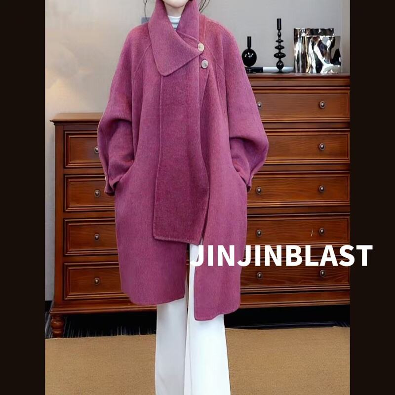【Jinjin Fan Favorite】"Raspberry Ouni" Korean-Style Stand-Collar Single-Breasted Double-Sided Long Wool Coat for Women