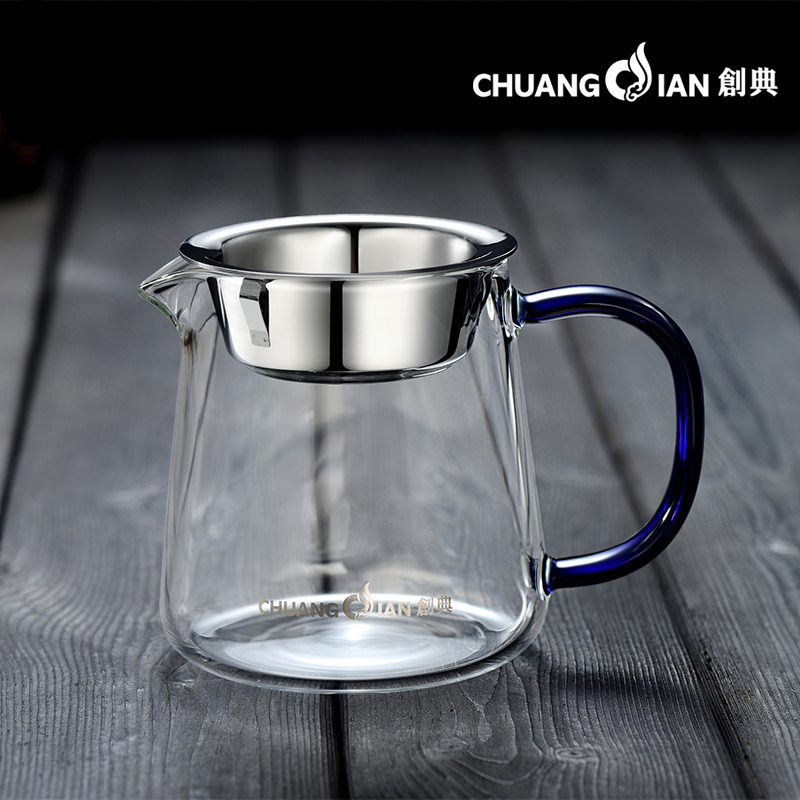 Chuangdian heat-resistant glass fair cup large glass male cup tea sea fair cup with 304 stainless steel thickened tea leak