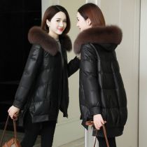 Haining leather down jacket womens long 2021 Winter small man leather leather leather coat