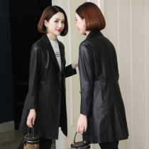 Haining leather coat coat womens long 2021 autumn and winter new slim figure slim suit collar sheepskin windbreaker