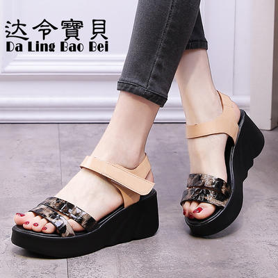Darling Baby 2025 Summer New genuine leather casual wedge heel thick-soled high-heeled women's sandals are comfortable and breathable