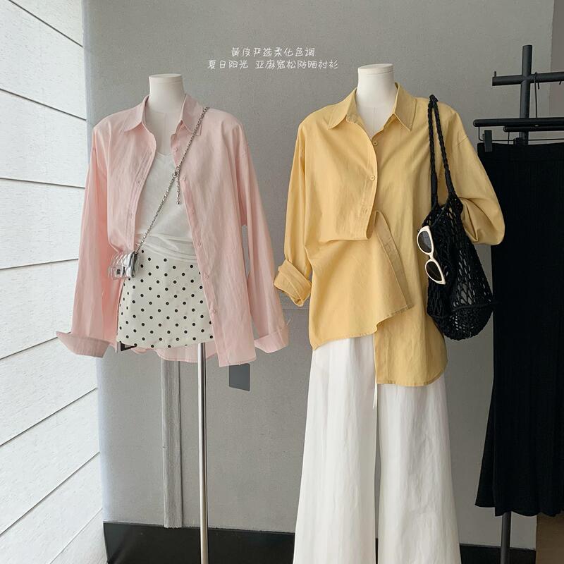 Panduo Premium Yellow Skin Tone Softening Summer Sunshine 100% Linen Sun Protection Shirt Jacket for Women Panduo Premium Yellow Skin Tone Softening Summer Sunshine 100% Linen Sun Protection Shirt Jacket for Women