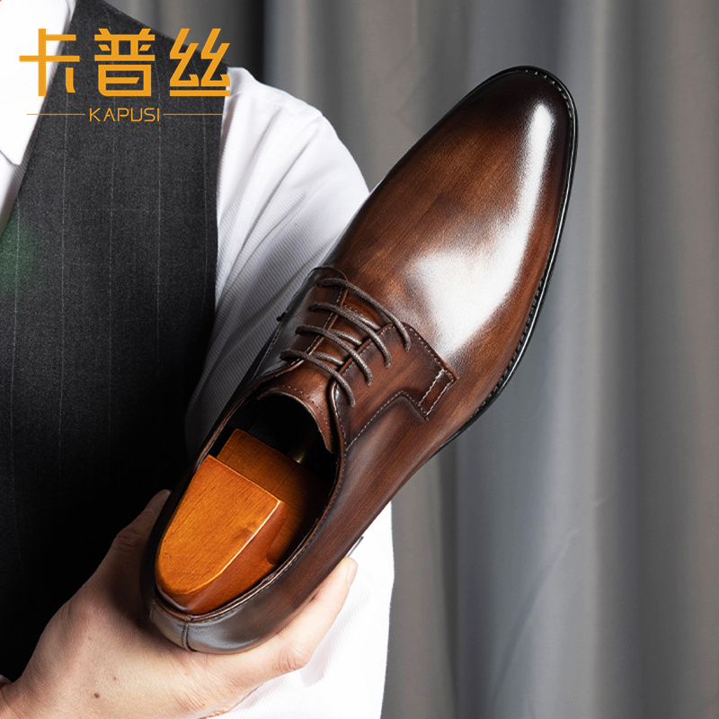 Kapsi Men's Business Formal Leather Shoes, British Style Genuine Leather Pointed Toe Derby Shoes, High-End Handmade Casual Men's Shoes for Weddings