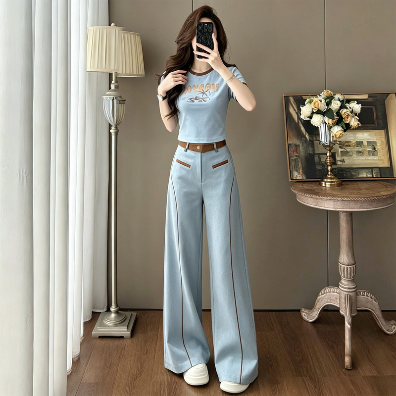 High-End Retro Blue Casual Suit for Women 2026 Summer New Short-Sleeved Wide-Leg Pants Korean Style Two-Piece Outfit High-End Retro Blue Casual Suit for Women 2026 Summer New Short-Sleeved Wide-Leg Pants Korean Style Two-Piece Outfit