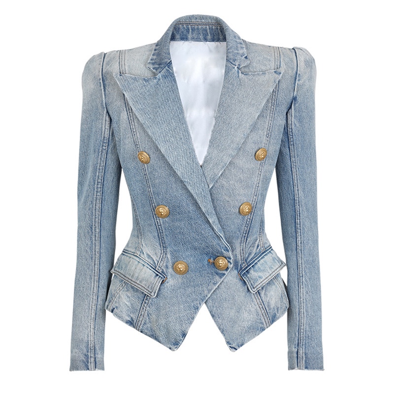 High-End 24 Autumn New B Brand Gold Buckle Suit Collar Slim-Fit Denim Short Jacket Double-Breasted Long-Sleeve Top