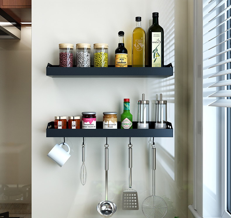 Black kitchen household storage rack seasoning bottle storage rack activity hook free punching wall hanging storage rack