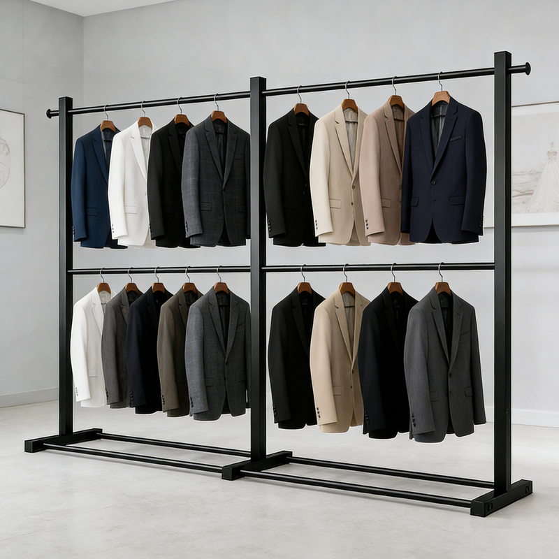 Suit Rack Floor-Standing Display Stand for Clothing Stores, Bridal Salons, Men's Double-Layer Garment Rack, Men's Clothing Specialty Store Display Shelf