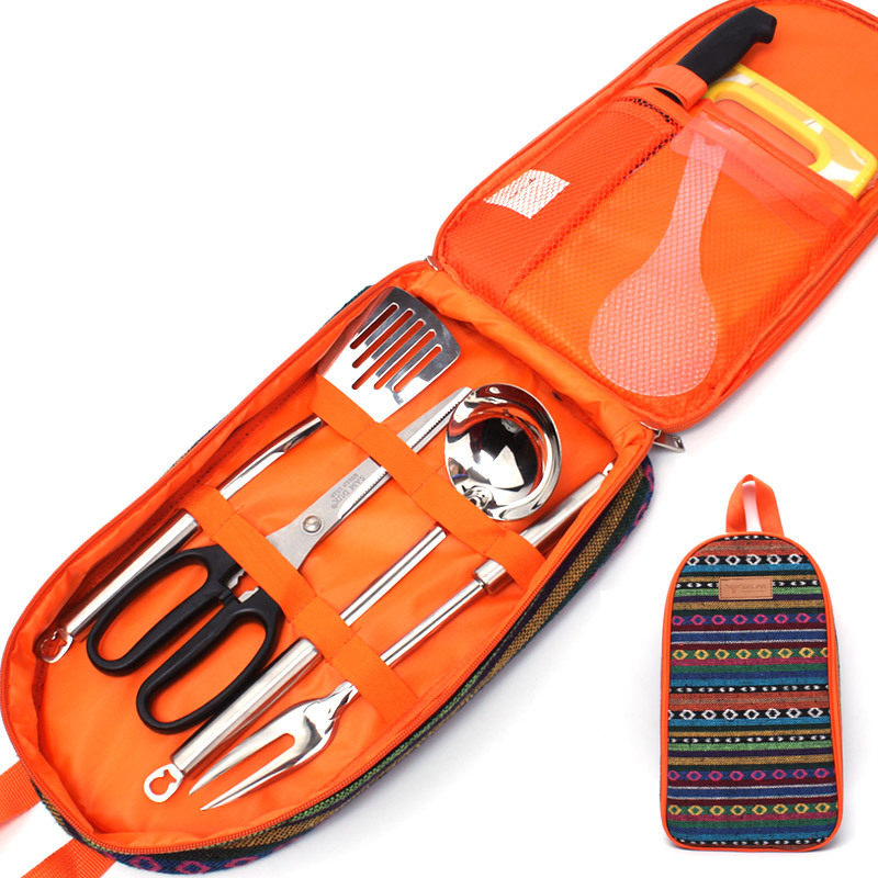 Outdoor Cookware 7-Piece Set Camping Kitchenware Portable Stainless Steel Tableware Camping Picnic Supplies BBQ Tools