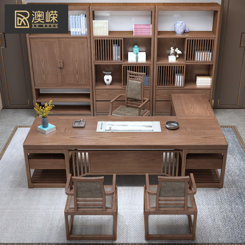 New Chinese Style Boss Table Solid Wood Desk Chair Combination Brief Modern L Type President Big Bandai Office Furniture