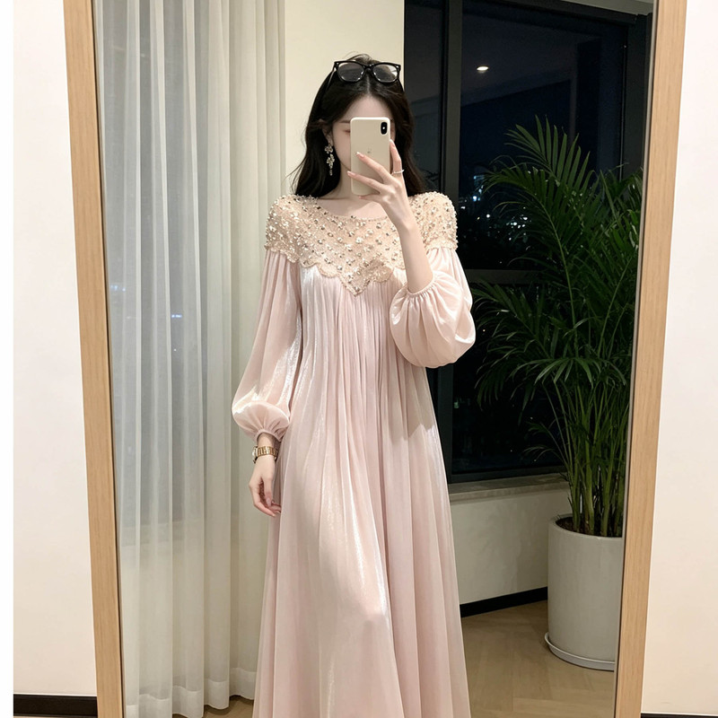 Pink Long-Sleeved Retro High-End Autumn Loose-Fitting Dress with Heavy Beading and Sequins Lantern Sleeves【Starlight Landing】 Pink Long-Sleeved Retro High-End Autumn Loose-Fitting Dress with Heavy Beading and Sequins Lantern Sleeves【Starlight Landing】