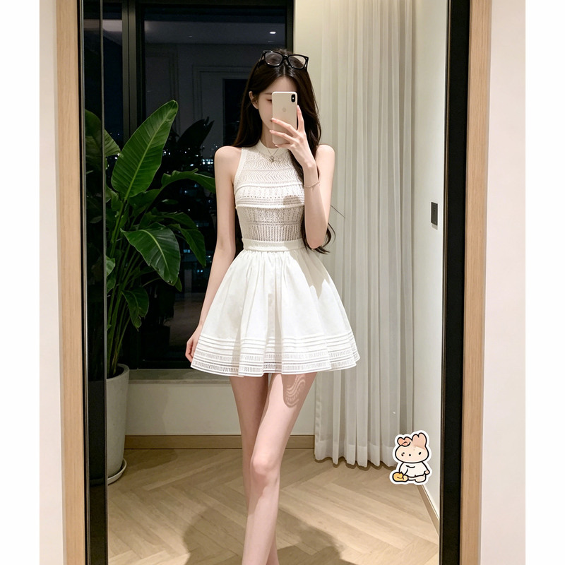 Elegant Waist-Cinching Short Dress with a High-End Summer Feel, Vintage Champagne Texture, Sleeveless White Knit Patchwork Dress Elegant Waist-Cinching Short Dress with a High-End Summer Feel, Vintage Champagne Texture, Sleeveless White Knit Patchwork Dress