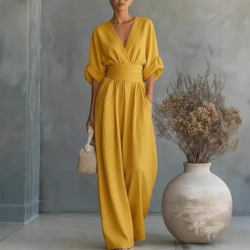 European and American Cross-Border Spring and Summer New Elegant Waist-Cinching V-Neck Stylish Women's Jumpsuit European and American Cross-Border Spring and Summer New Elegant Waist-Cinching V-Neck Stylish Women's Jumpsuit