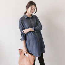 Pregnant womens autumn coat Korean fashion loose long large size denim jacket Spring and Autumn long sleeve pregnant womens shirt