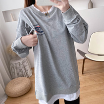Autumn pregnant womens sweatshirt cotton long sleeve casual loose fake two-piece coat Spring and autumn Korean version wearing pullover lactation coat