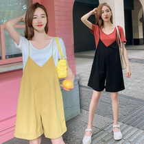 Pregnant women with pants set summer wear thin wear fashion loose five-point pants summer tide mother pregnant women suspenders shorts
