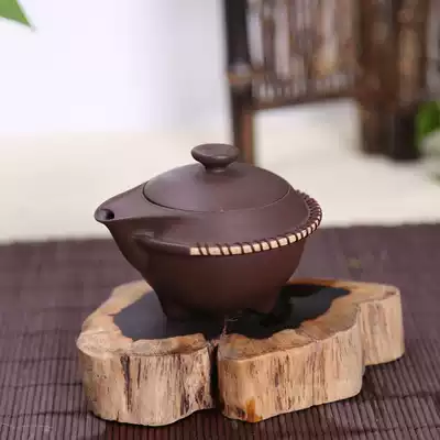 Yixing Purple sand pot Purple sand hand-grasping pot Original mine Purple clay handmade bamboo woven teapot Flat pot Hand-grasping pot Tea set