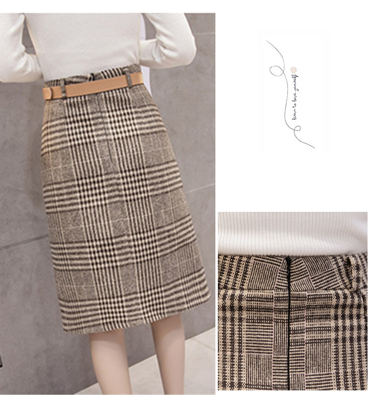 Kẻ sọc váy mùa thu và mùa đông mới len houndstooth túi cao eo ren chia phần dài giảm béo túi hip váy chân váy bò