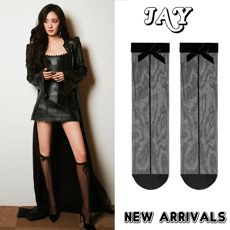 Yang Mi Style Stockings with Bowknot and Vertical Lines, Sexy Pure Desire Style High-Tube Shaping Black Long Socks