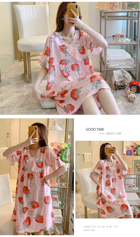 Váy ngủ cotton lụa phong cách mỏng mùa hè của phụ nữ có thể mặc bên ngoài bộ đồ ngủ rayon ngắn tay, phong cách mở rộng của Hàn Quốc dịch vụ tại nhà ngọt ngào - Đêm đầm