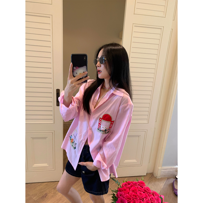 Pink Striped Shirt for Women 2026 New Design with Embroidery, Petite Long-Sleeve Top for Early Autumn