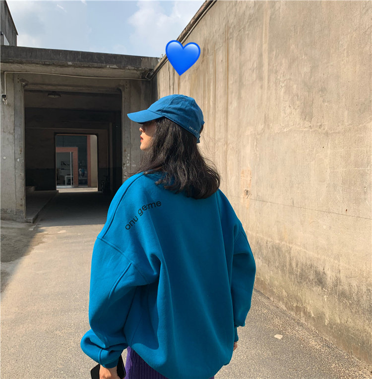 Luoluojie short blue sweatshirt 2022 new women's waitmore thickened and fleece pullover round neck coat