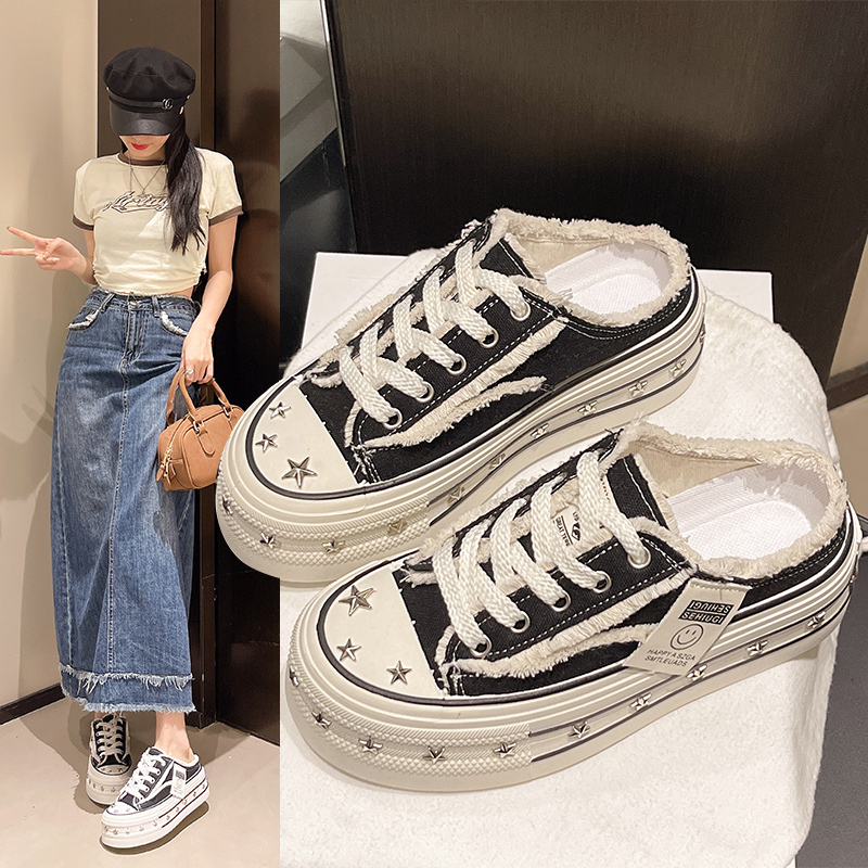 Thick-Soled Half-Slip White Canvas Sneakers for Women Spring & Fall 2025 New Baotou Versatile Beggar Casual Sports Shoes Trbottomy