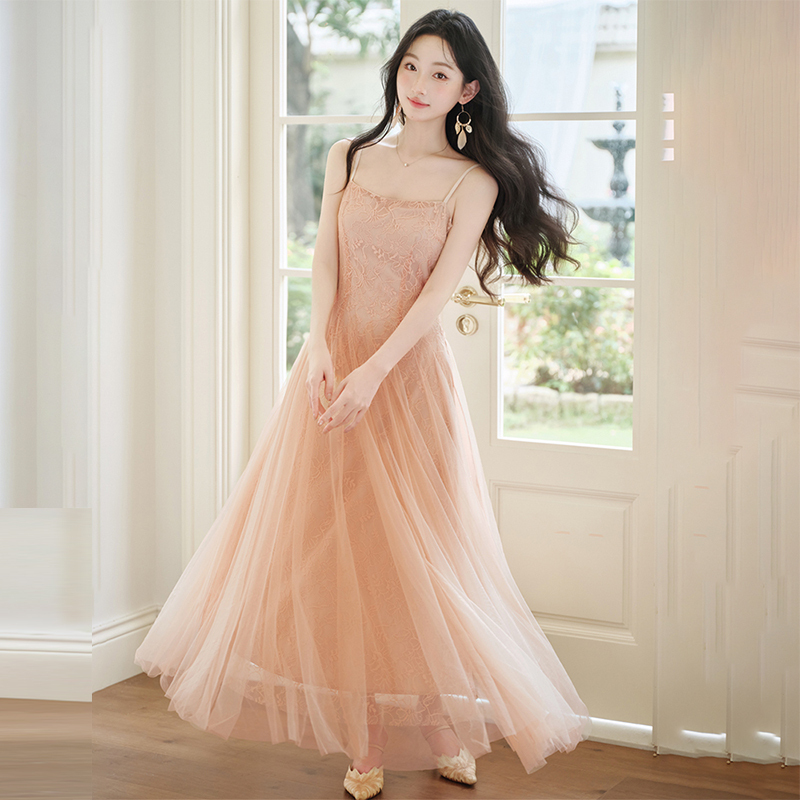 Forest-Style Super Fairy-Like Mesh Skirt, Pink Gauze Skirt, Sheer Spaghetti Strap Dress, Stunning Lace Dress, Birthday Dress, Long Dress