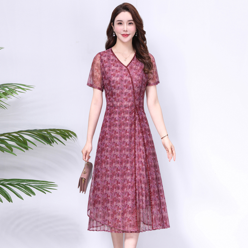 Mom-Style Elegant V-Neck Short-Sleeve Mesh Dress for Women, Summer Mid-Length Floral Slimming Youthful Light Luxury Dress