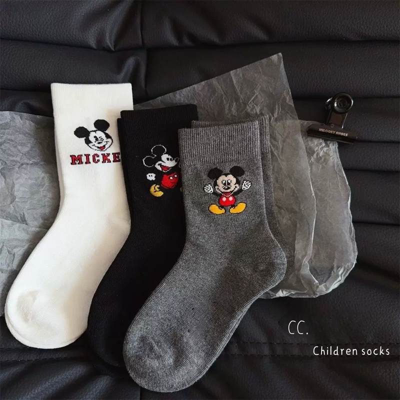 Lisa Kidsren's Socks 2026 New Spring and Autum Cartoon Mickey Cute Versatile Black and White Gray Mid-Tube Girls' Cotton Socks