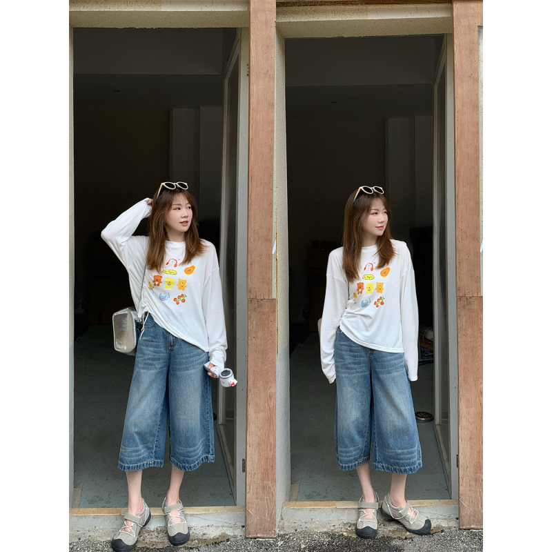 Bear King [Cropped Jeans] Korean-Style Blue Denim Straight-Leg Cropped Pants for Petite Individuals