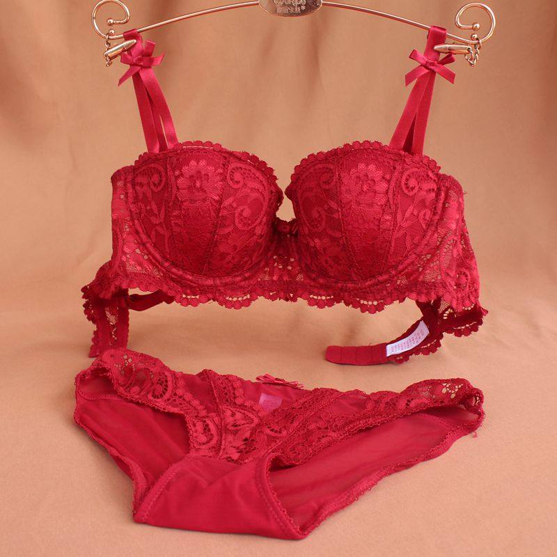 French Romantic Underwear Red White Black Sexy Temptation Lace 1 2 Half Cups Thin Push-Up Bra Set