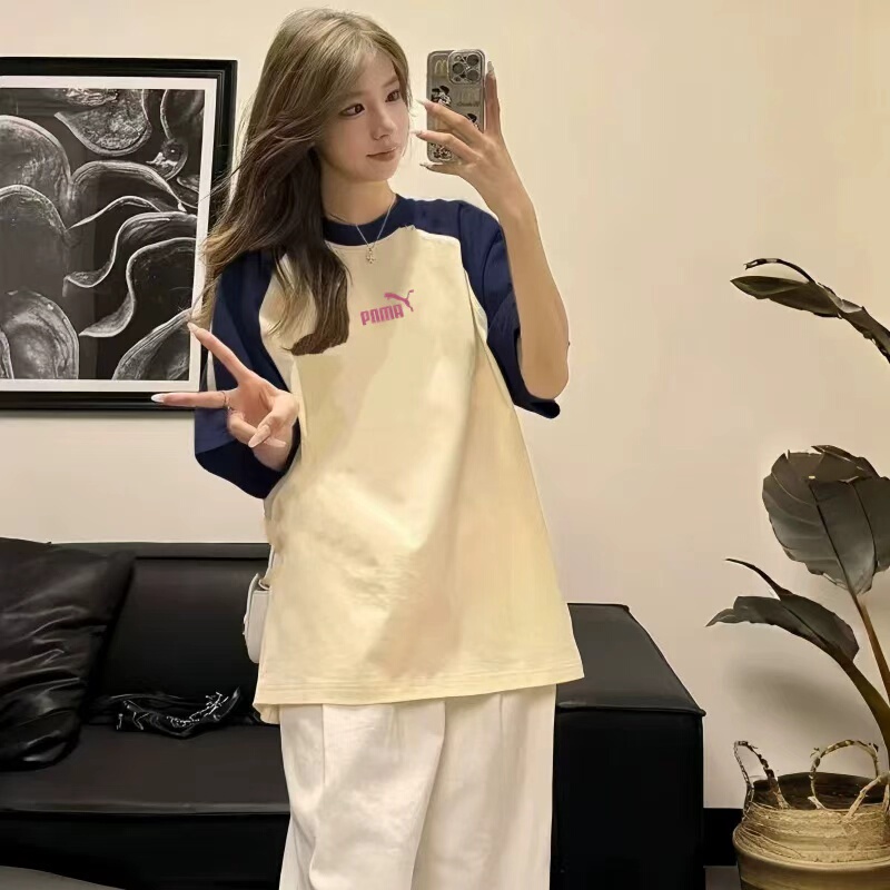 Outlet Color-Block Raglan Sleeve Three-Stripe Casual Short-Sleeve T-Shirt for Women, Loose and Versatile, Pure Cotton Printed Top ins Style