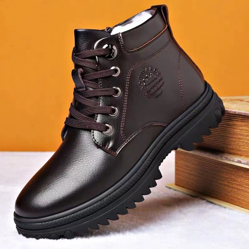 Peak camel men's shoes genuine leather wool leather hair integrated leather shoes winter plus suede thickened Martin boots High help warm shoes-Taobao