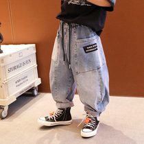 Small Crooked Family 2022 Boy Loaded With Spring Autumn Season New Children Long Pants Baby Fried Street Korean version Tide Cards Wide version of jeans