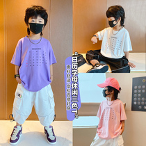 Xiao Wu Family Summer Clothing 2022 Boys New Mid-large Children Creative Calendar Letter Casual Children Tops Tide