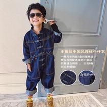 Small crooked childrens clothing 2021 spring new baby jumpsuit cotton national tide large tooling garment denim Tang suit