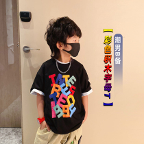 Little Skewer Summer 2022 Boys New T-shirt Kids Round Neck Baby Solid Color Medium Large Letter Korean Style Tops