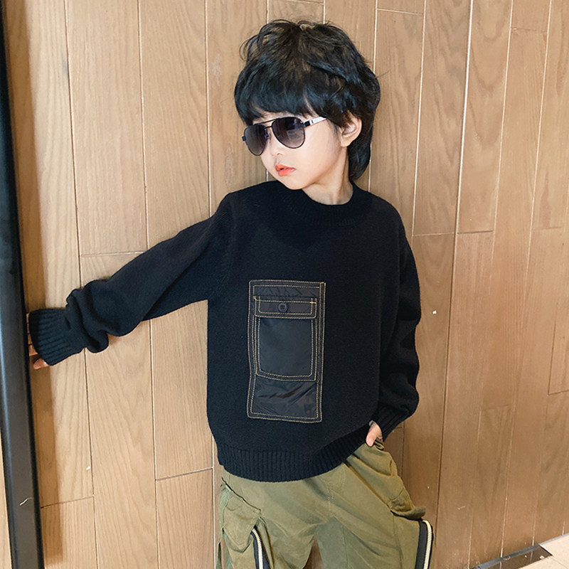 Small Crooked Boy Clothes Boy High-end Custom Sweatshirt Baby Autumn Winter Dress New Children's Sleeve Head Round Neckline Cardiovert