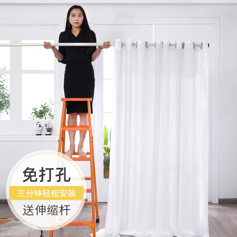 Light-transmissive and opaque yarn curtains free of perforation installation rental housing telescopic pole simple white yarn balcony yarn light-blocking floating window