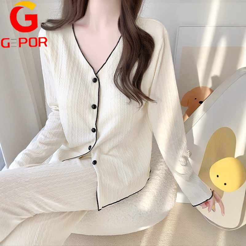 Japanese Gp Pure Cotton Pajamas for Women, Spring, Autumn and Winter, Solid Color Cardigan with Built-In Chest Pads, Long-Sleeved, Big Kids' Loungewear Set
