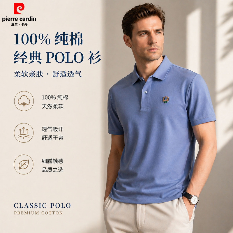 Pierre Cardin Genuine 100% Pure Cotton Embroidered Polo Shirt for Men, Summer Lapel Business Short-Sleeved, Mature Style Men's Clothing Pierre Cardin Genuine 100% Pure Cotton Embroidered Polo Shirt for Men, Summer Lapel Business Short-Sleeved, Mature Style Men's Clothing