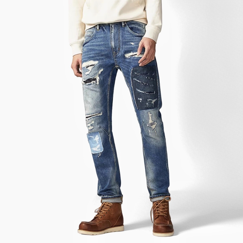 Able Jeans Men's Jeans with Contrasting Colors, Deconstructed Style, Large V-Shaped Pants, 3D Stereo Cut Tapered Men's Long Pants Able Jeans Men's Jeans with Contrasting Colors, Deconstructed Style, Large V-Shaped Pants, 3D Stereo Cut Tapered Men's Long Pants