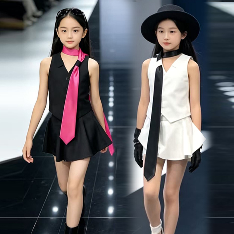 Girls' Fashion Show Outfits, Trendy Clothing, Model Training Suits, Suit Vest Two-Piece Set, Skirt Pants Set, Competition Outfits
