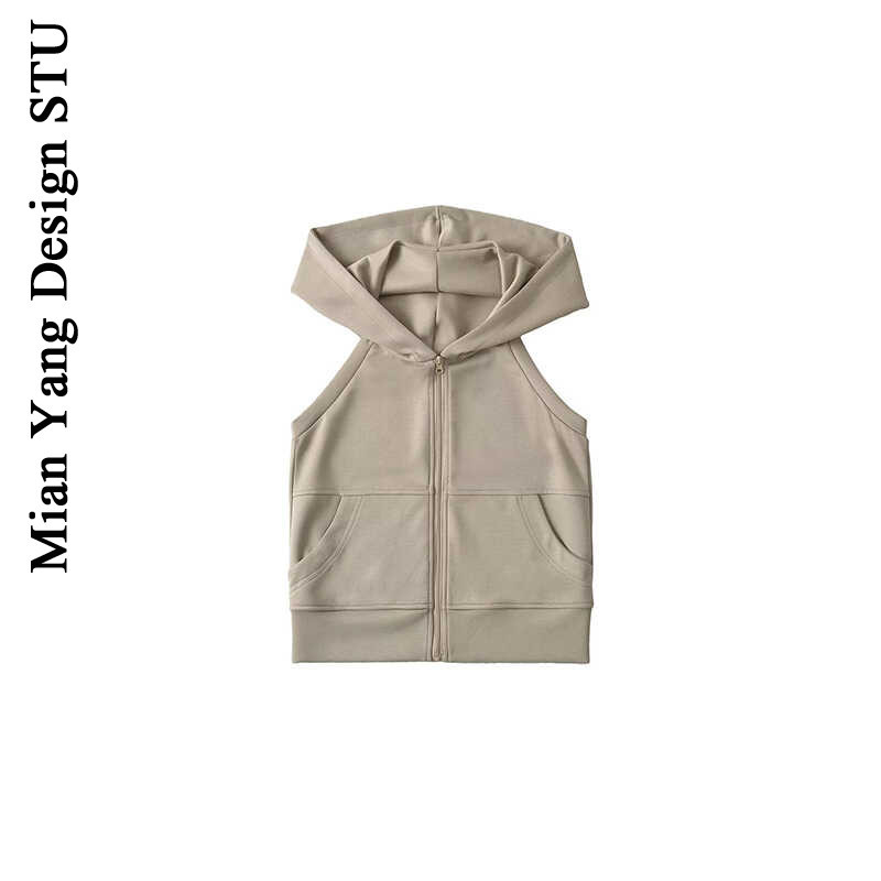 Cotton Sports Girl's Backless Hooded Sleeveless Sweatshirt for Women, Street Style with Pockets and Zipper Vest