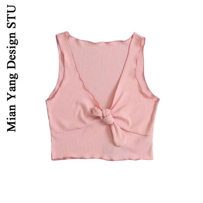 ins sexy stretch little vest, European and American style basic solid color series with small knots, sweet big corsage edge vest T-shirt